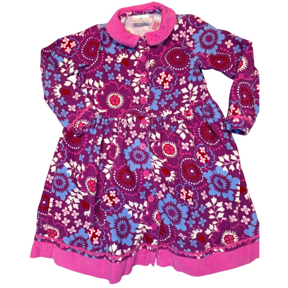 Hanna Andersson Girls Purple Pink Floral Corduroy Button Front Dress Size 100 4T
